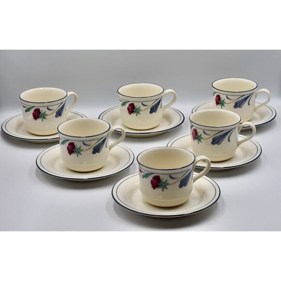 Y2K Coffee or Tea Flat Cup & Saucer 12pc Set Poppies On Blue by LENOX - Picture 1 of 12